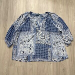 Fleur Bleue Women Blouse Blue White Patchwork Print Boho 3/4 Sleeve Tunic Sz 3X